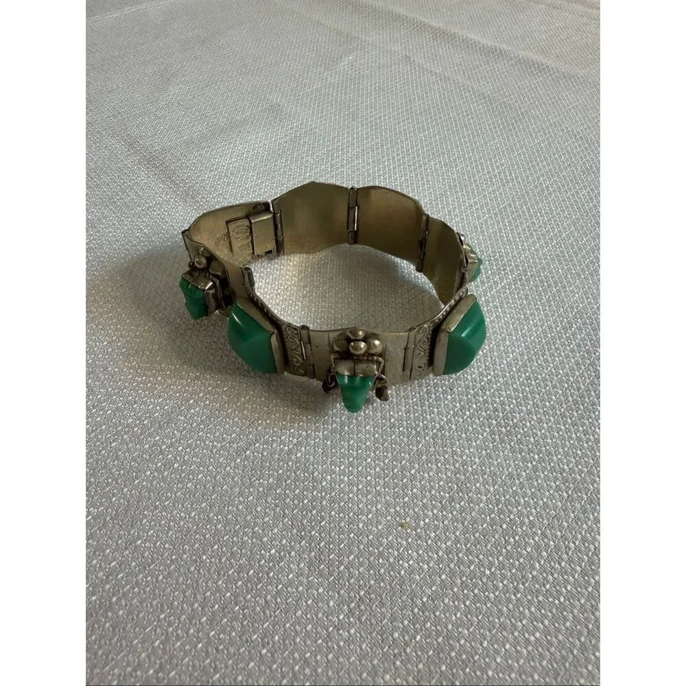 Vintage Signed Alpaca Mexico 925 Sterling Silver Carved Green Onyx Panel Bracele